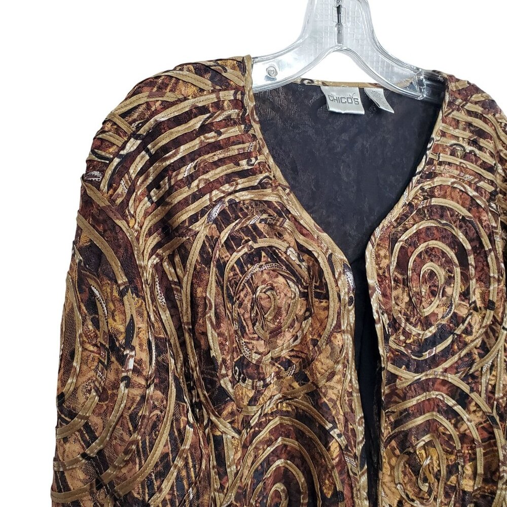 Chicos 3 Sz XL Jacket Abstract Swirl Patterned Open Front Nylon Silk Earth Tones - Picture 5 of 10
